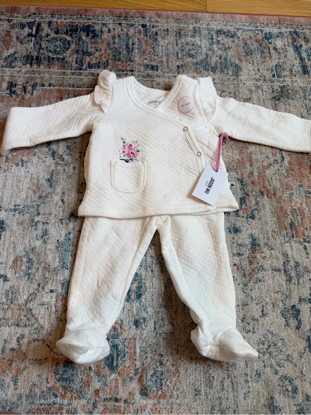 Jason Wu Cream Quilted Baby Pajama Set with Pink Floral Detail